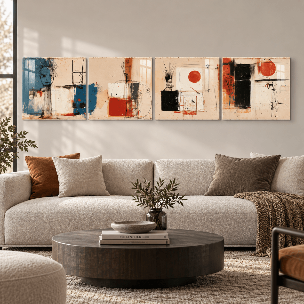 4-piece abstract sketch wall art above a beige sectional in a bright living room
